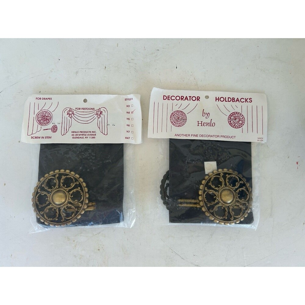 Vintage Henlo H4 Solid Brass Drapery Curtain Holdbacks NOS Made USA Lot of 2